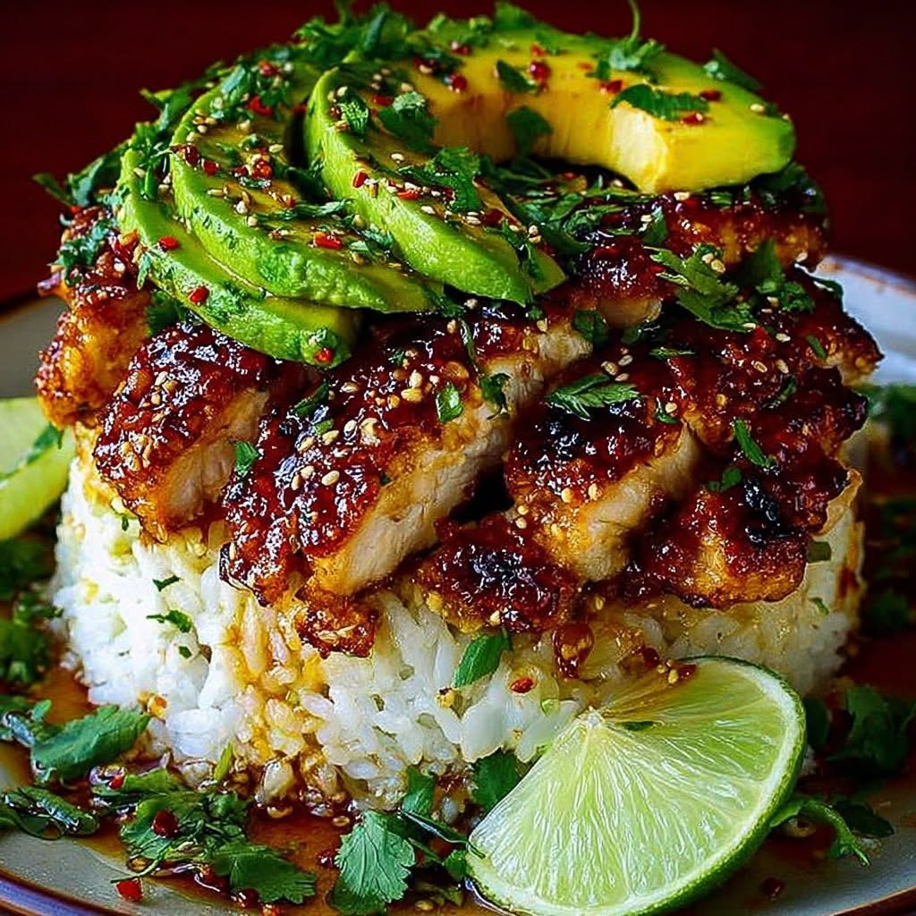 Poulet miel et citron vert, riz crémeux à l'avocat